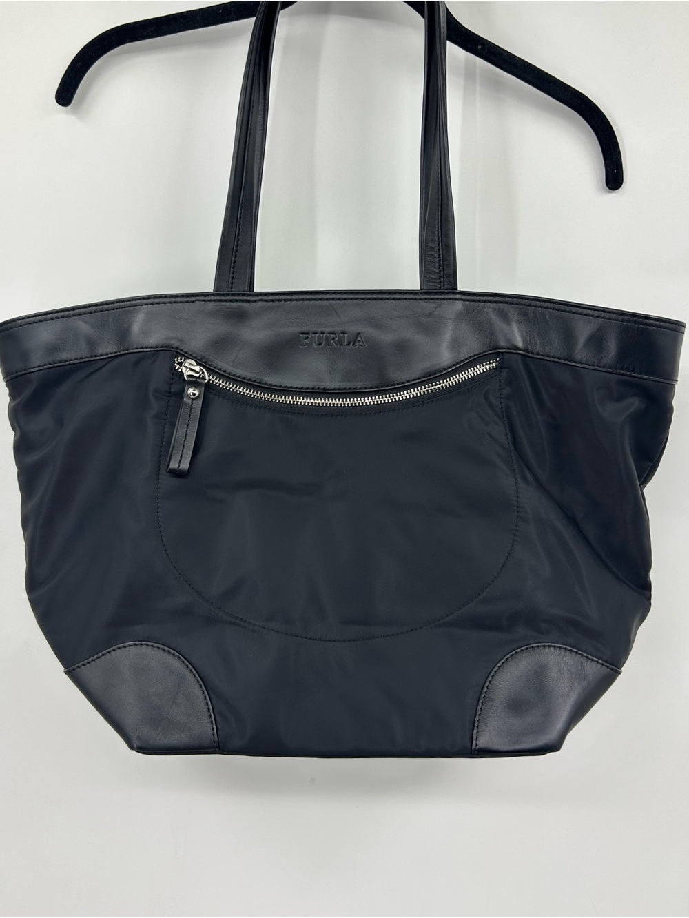 Furla Vintage Nylon and Leather Black Tote Bag Large Shoulder Bag